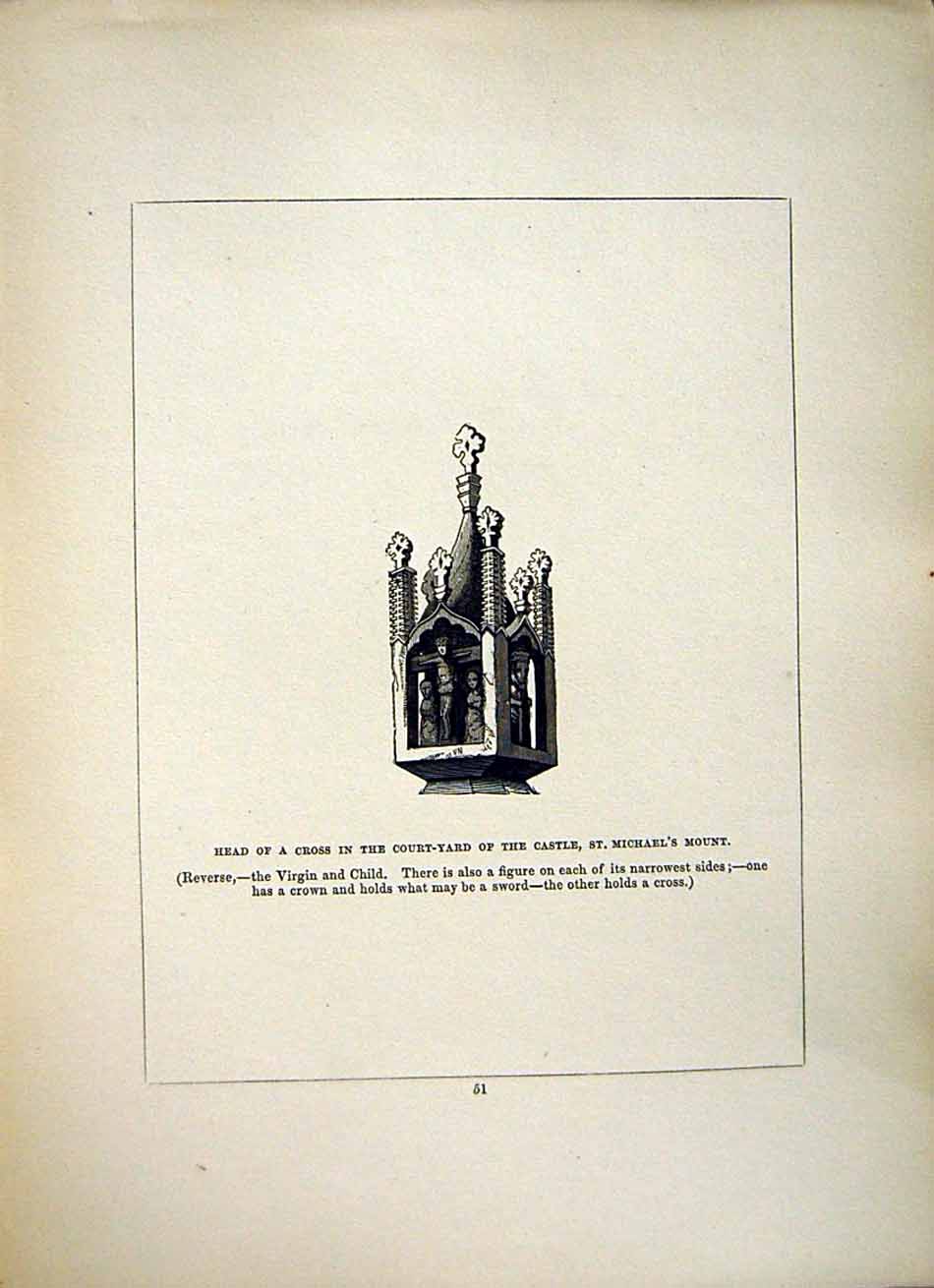 Antique Old Print *2617 1856 Cross Court-Yard Castle Michael'S Mount Cornwall