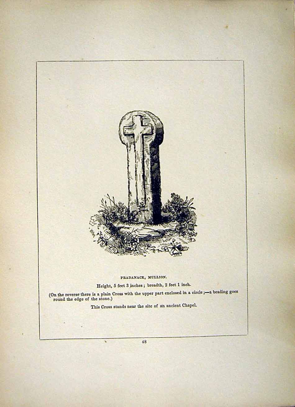 Original Old Antique Print *2619 1856 Cross Cornwall Pradanack Mullion Blight