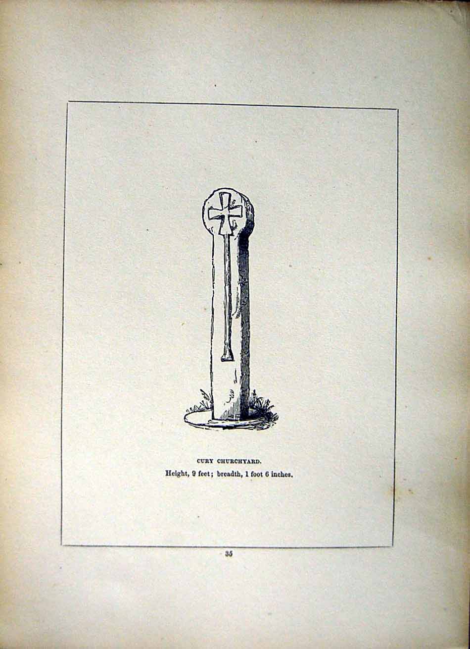 Original Old Antique Print *2630 1856 Cury Churchyard Cross Cornwall Blight