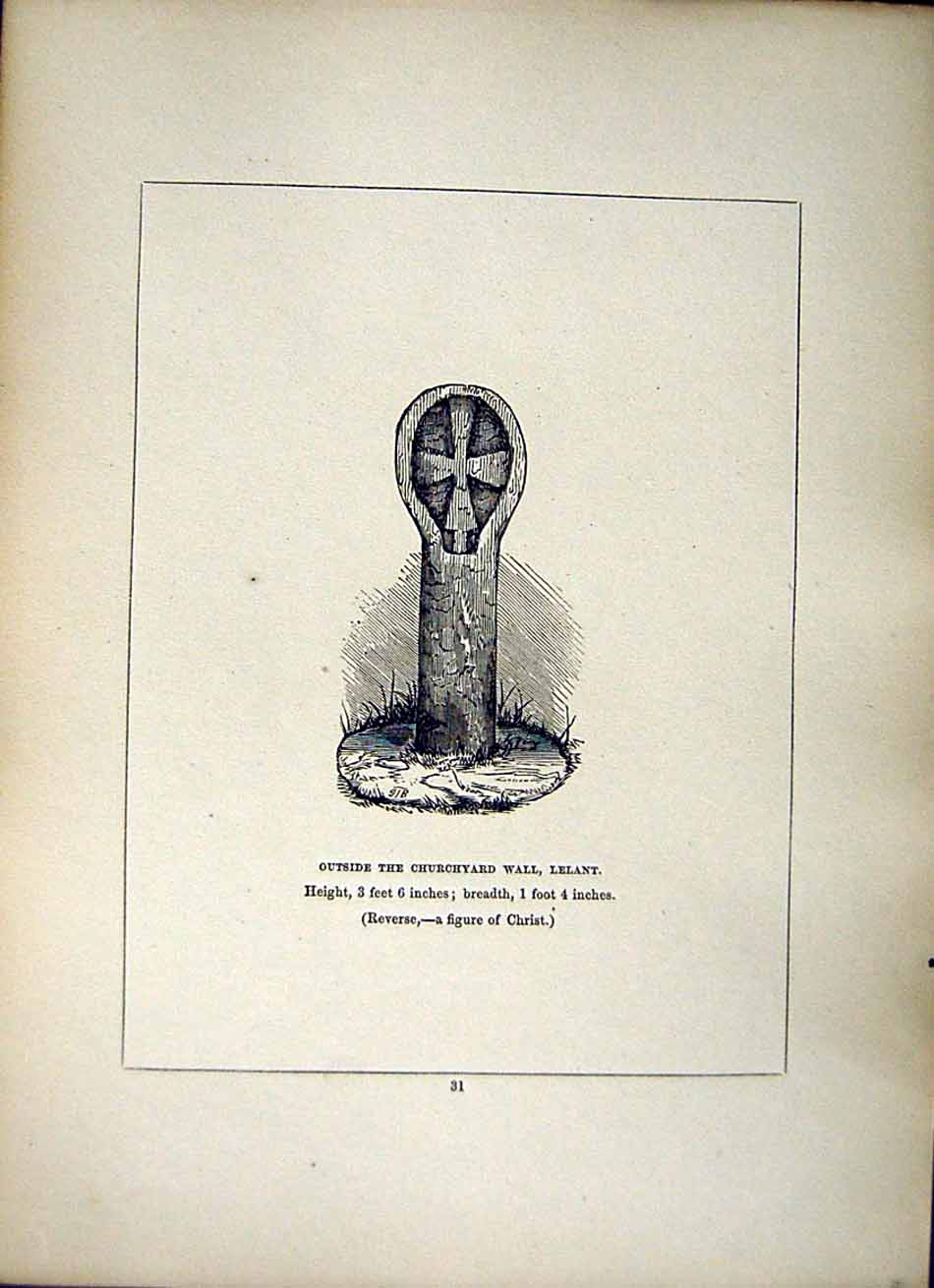 Old Antique Print *2633 1856 Cross Cornwall Churchyard Wall Lelant Christ