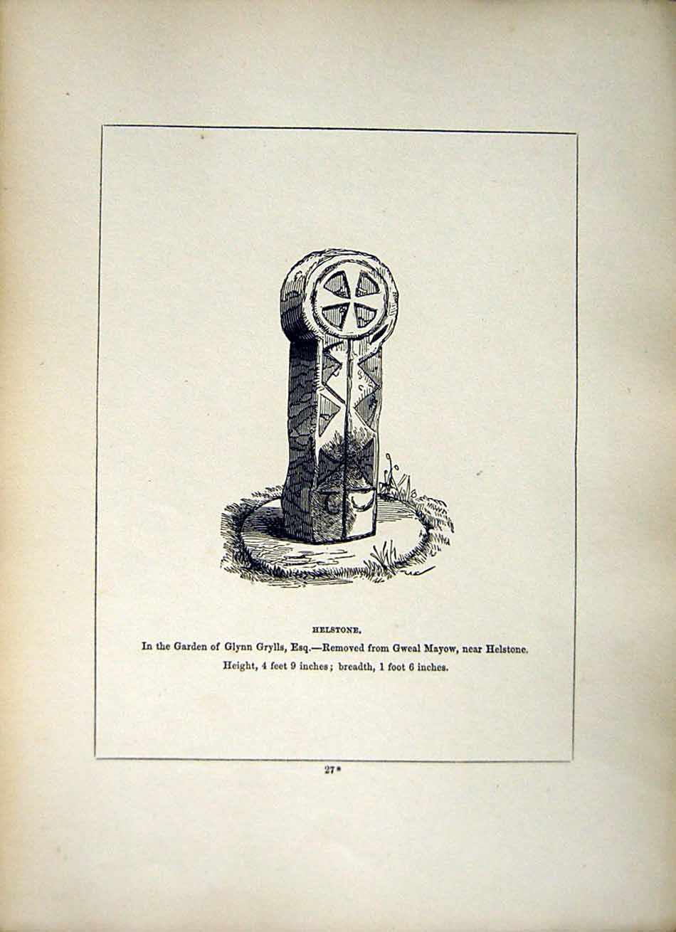 Antique Old Print *2636 1856 Cross Cornwall Helstone Glynn Grylls Gweal Mayow