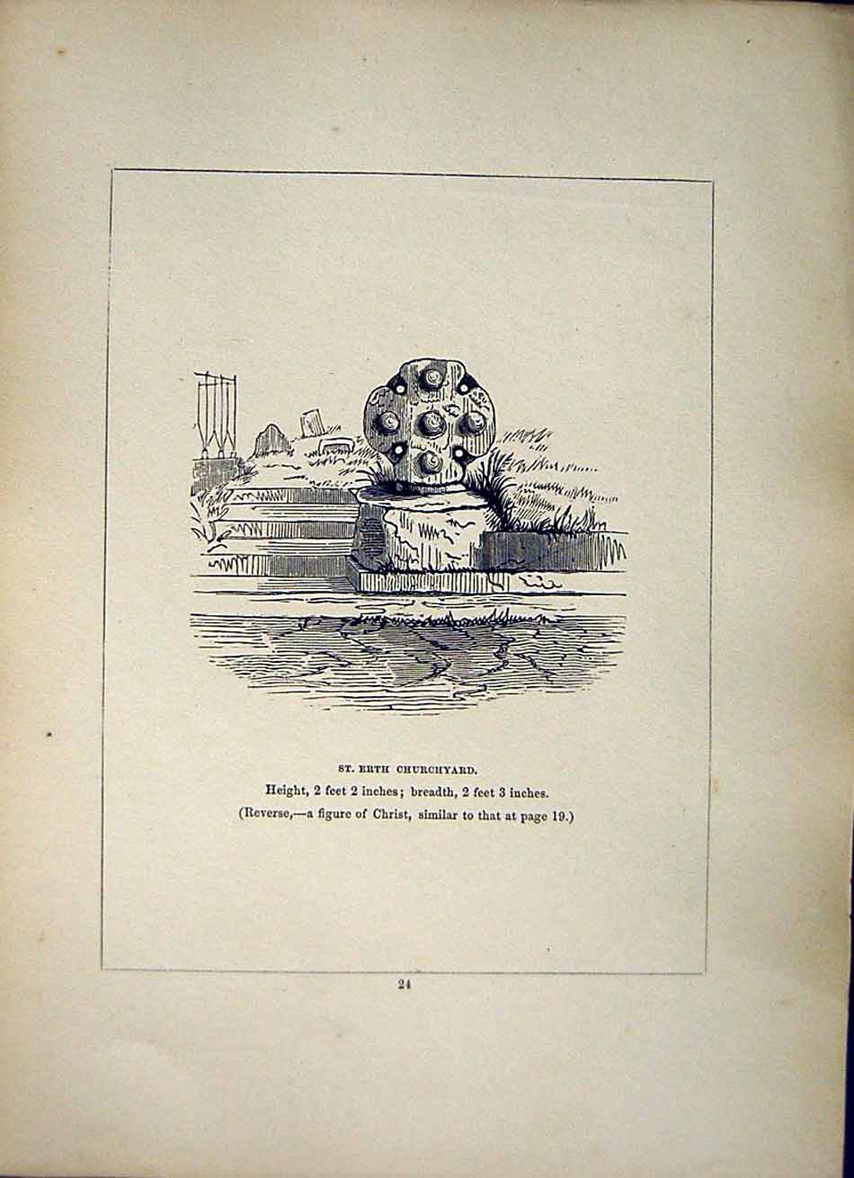 Original Old Antique Print *2639 1856 Cross St. Erth Churchyard Cornwall Blight
