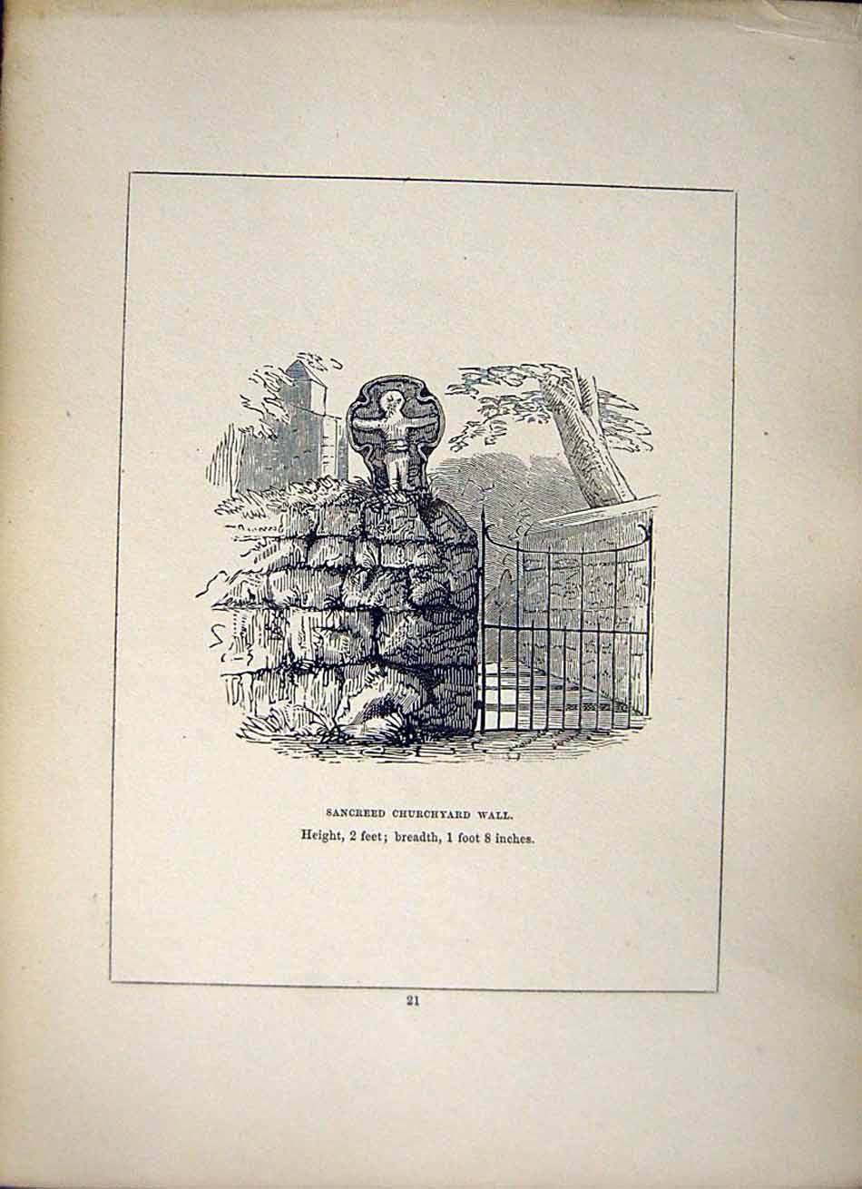 Antique Old Print *2642 1856 Cross Sancreed Churchyard Wall Cornwall Blight