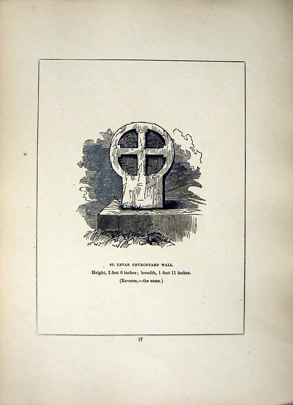 Antique Old Print *2646 1856 Cross Cornwall St. Levan Churchyard Wall Blight