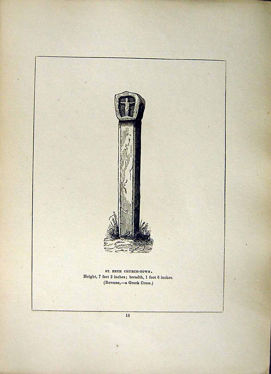 Old Antique Print *2647 1856 St. Erth Cross Church-Town Cornwall Blight