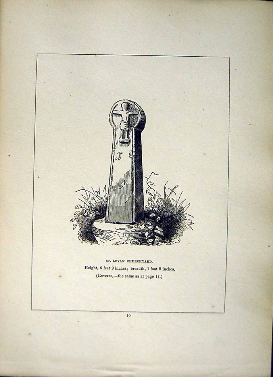 Old Antique Print *2653 1856 St. Levan Churchyard Cross Cornwall Blight