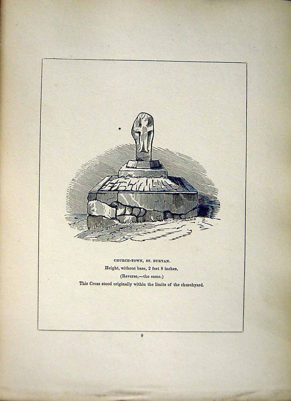 Old Antique Print *2654 1856 Church-Town St. Buryan Cross Cornwall Blight