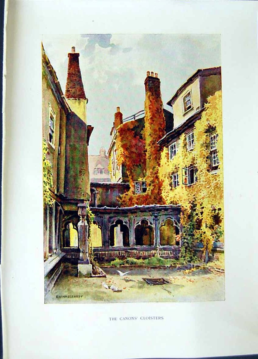 Old Antique Print *2663 C1912 England Canon'S Cloister Haslehurst Colour