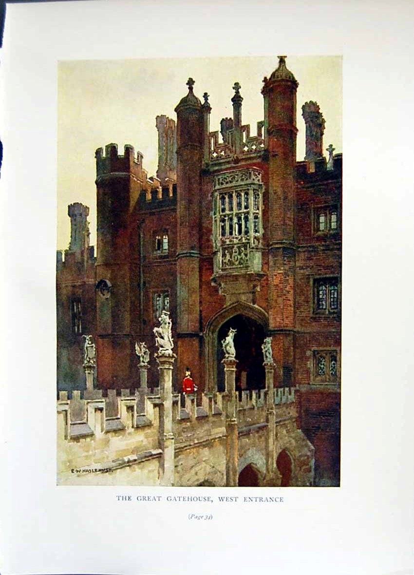 Antique Old Print *2668 C1912 England Great Gatehouse Windsor Castle Colour