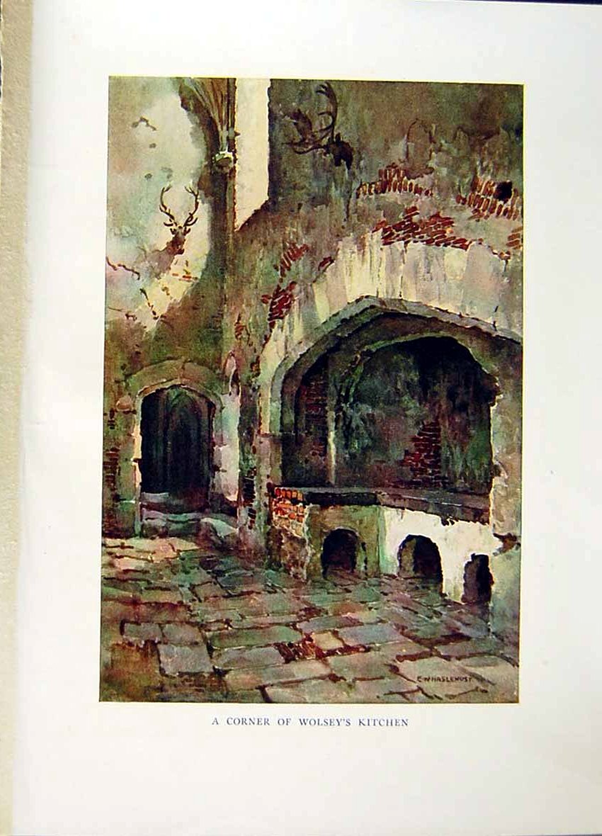 Original Old Antique Print *2669 C1912 England Wolsey Kitchen Haslehurst Colour