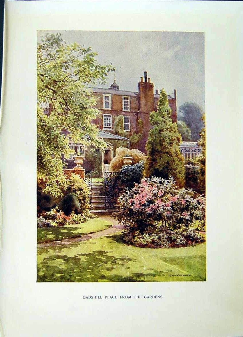 Antique Old Print *2680 C1912 Gadshill Place Gardens England Trees Flowers