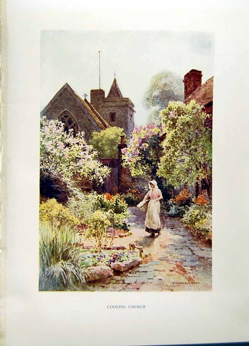 Antique Print *2683 C1912 View Cooling Church England Flowers Trees Colour