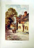Antique Old Print *2689 C1912 Leather Bottle Inn Cobham England Horse Colour