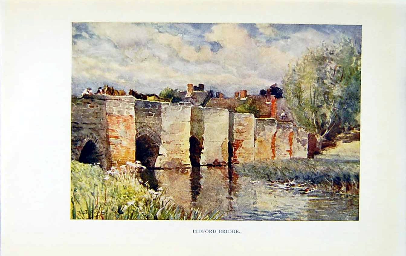 Original Old Vintage Print *2692 C1922 Warwickshire Bidford Bridge River Colour