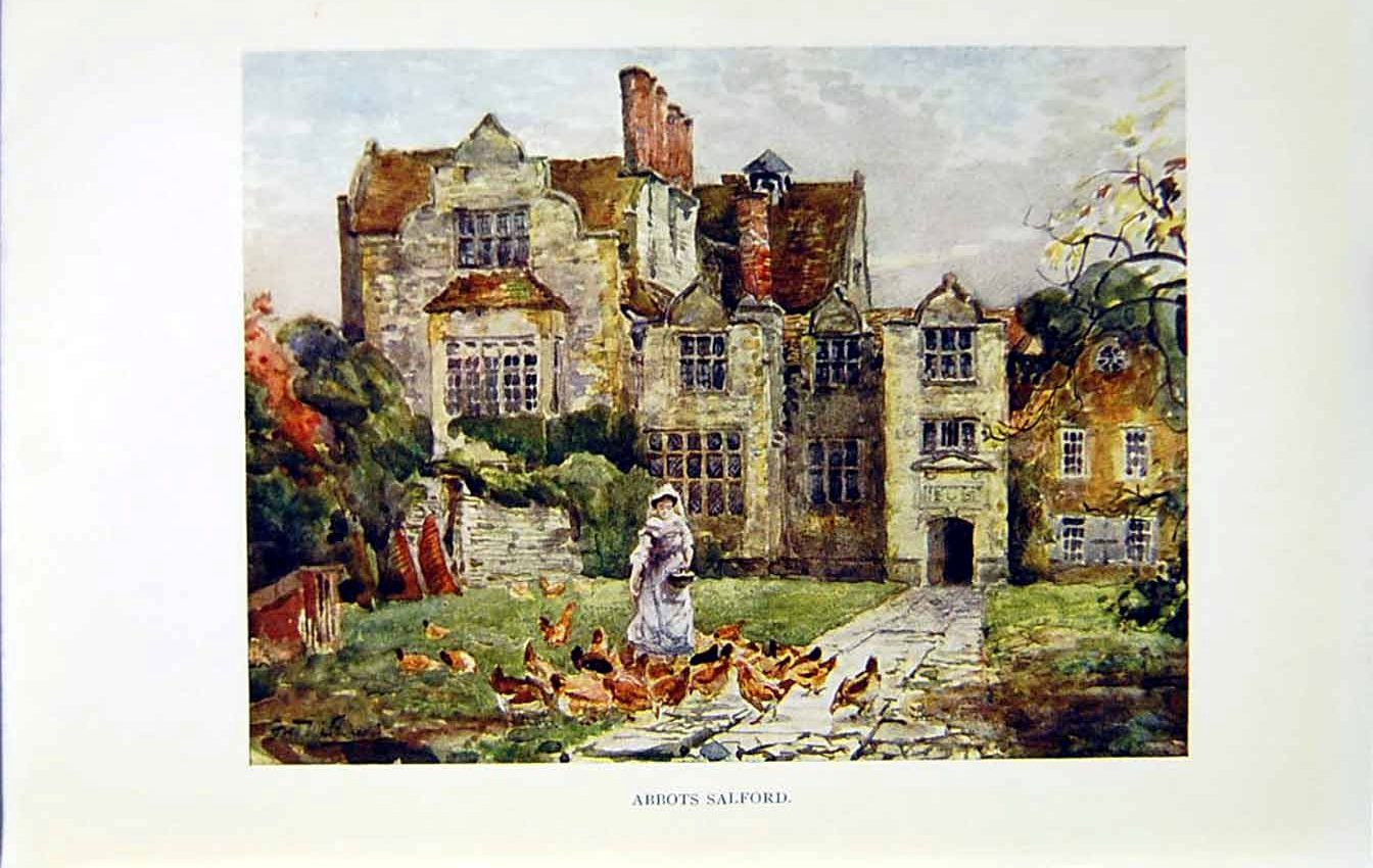 Antique Print *2693 View Abbots Salford Chickens C1922 Warwickshire Colour