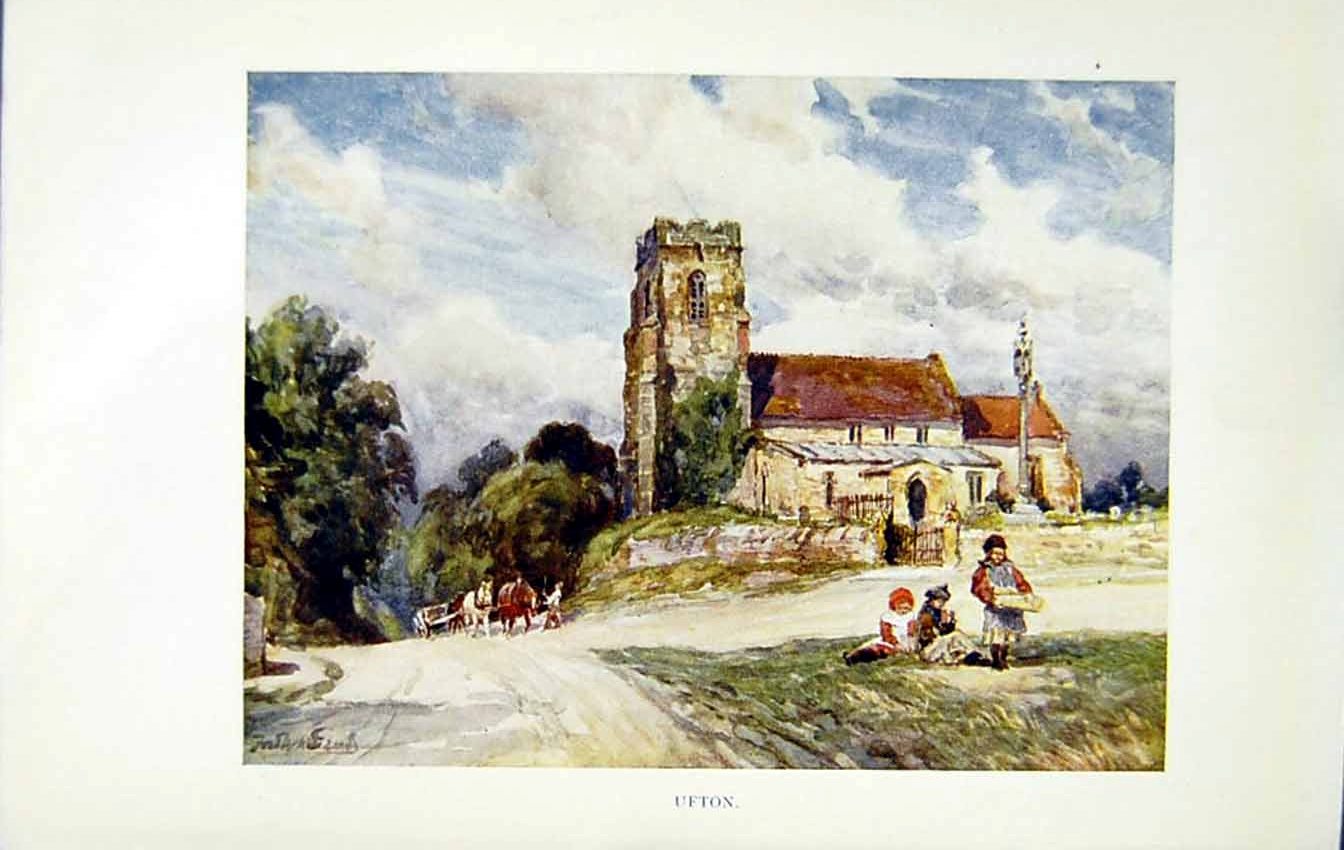 Antique Print *2706 C1922 Warwickshire View Ufton Church People Horse Cart