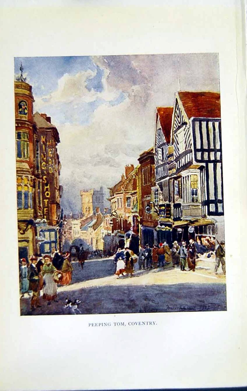 Antique Old Print *2708 C1922 Warwickshire Peeping Tom Coventry Street People