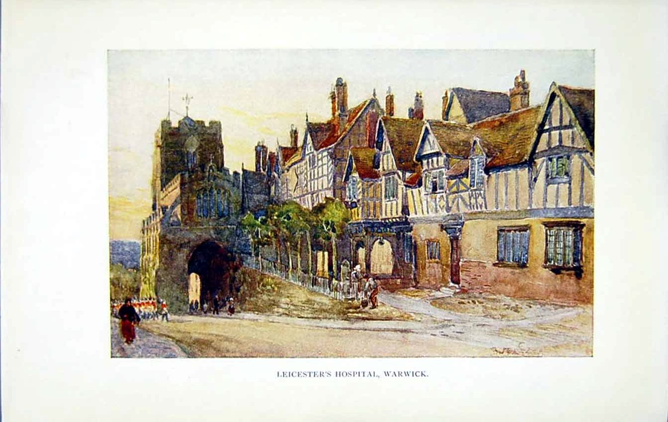 Antique Old Print *2711 Leicester Hospital Warwick C1922 Warwickshire Colour