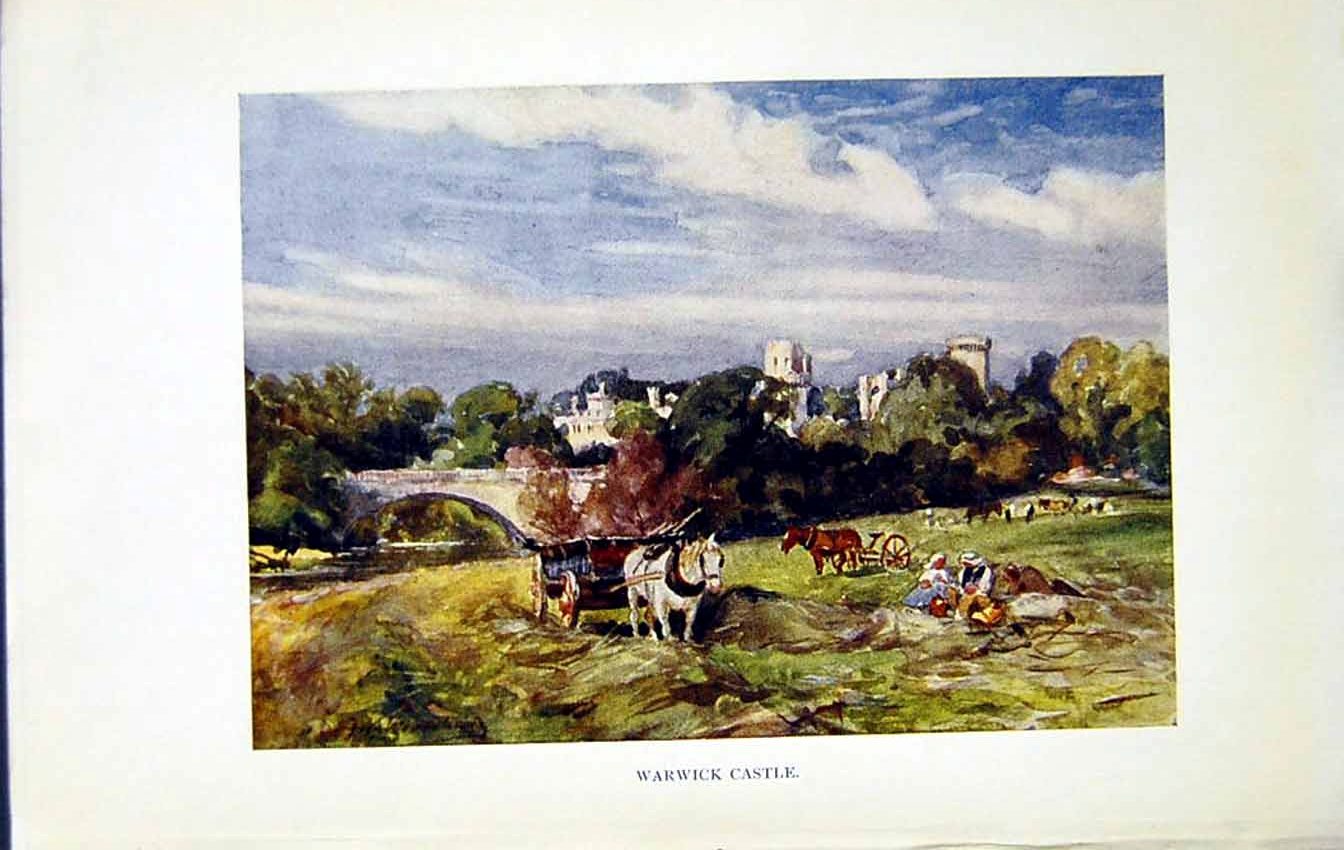 Antique Old Print *2712 C1922 Warwickshire Warwick Castle Horse Cart Colour