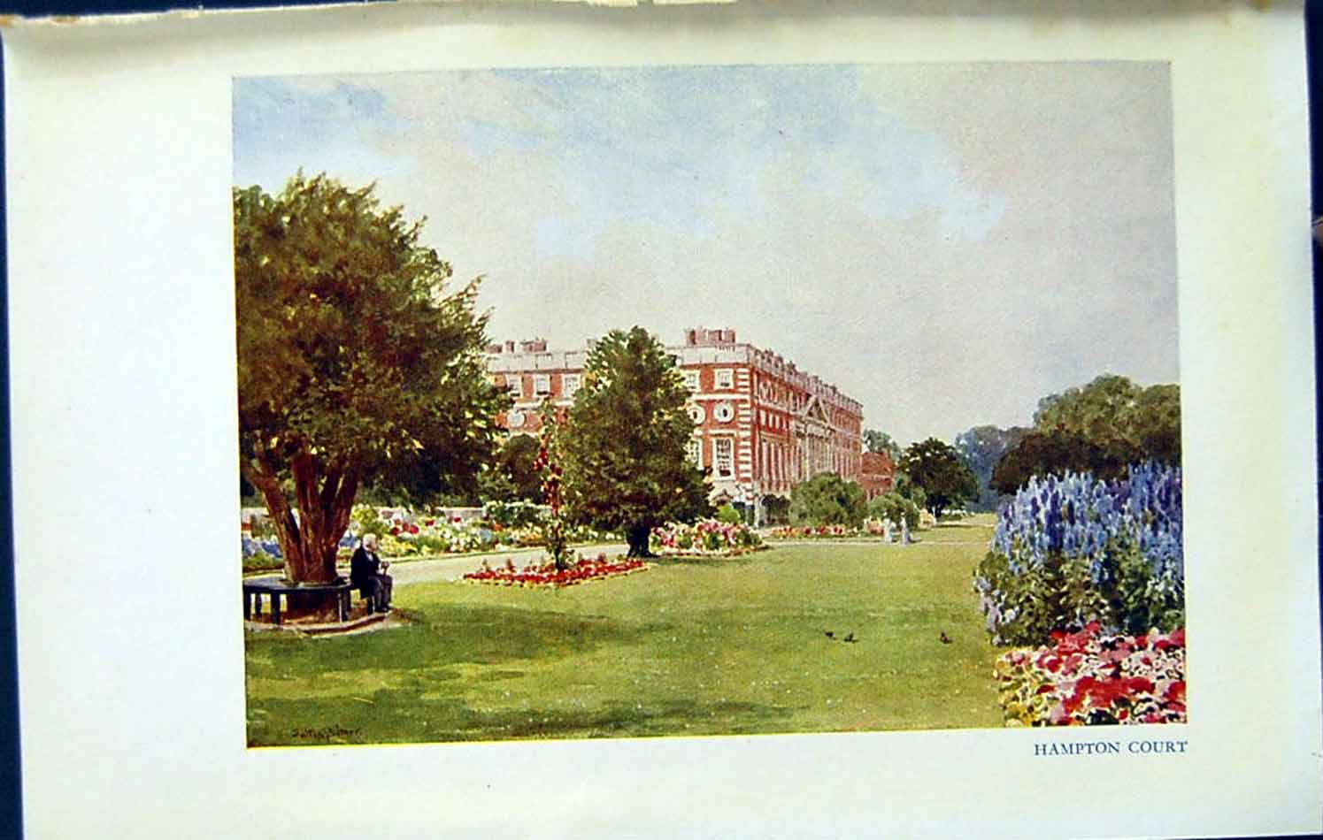 Original Old Vintage Print C1934 View Hampton Court Palace Flowers Trees Colour