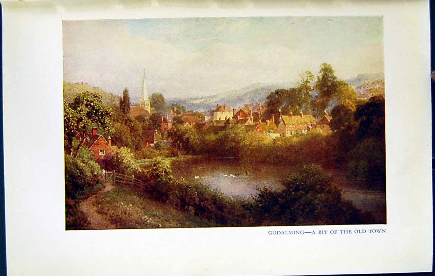 Original Old Vintage Print C1934 View Town Godalming Church Houses Lake Colour