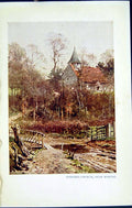 Original Old Vintage Print C1934 View Pyrford Church Woking Trees Colour 20th