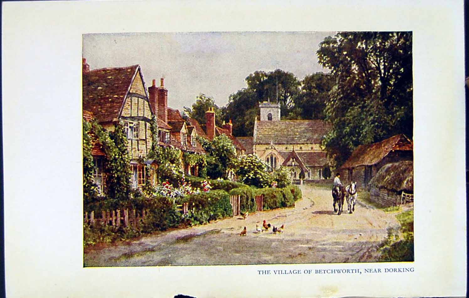 Old Vintage Print C1934 Village Betchworth Dorking Horses Chickens Colour 20th