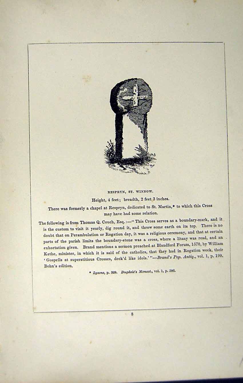 Antique Old Print *2725 C1858 Cross Respryn Winnow Cornwall England Blight