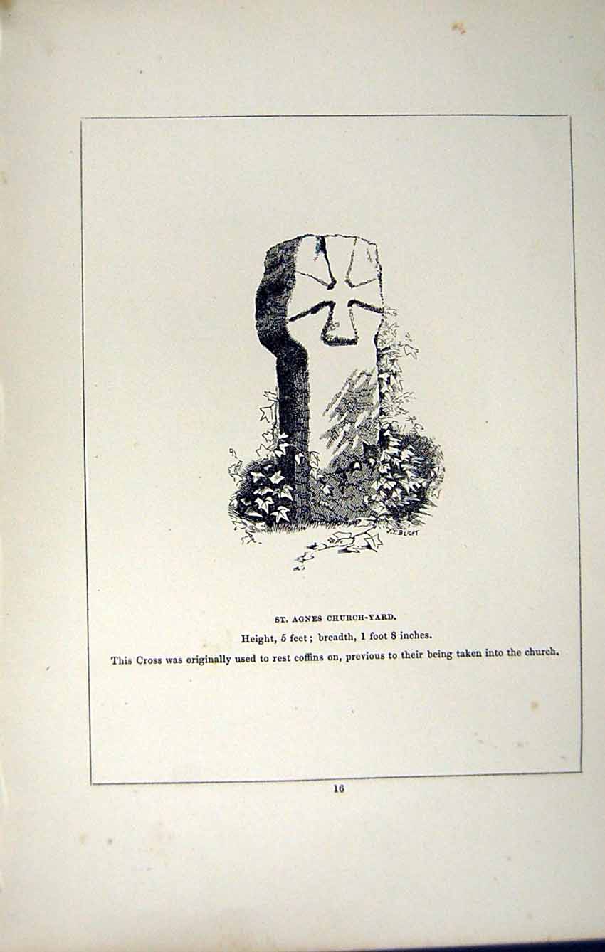 Old Antique Print *2732 C1858 Cross St. Agnes Churchyard Cornwall England