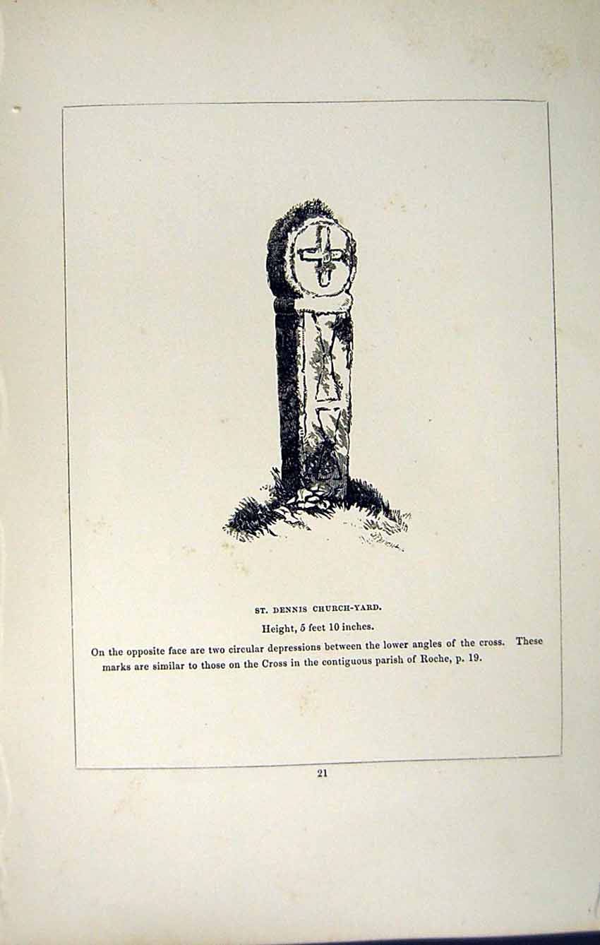 Antique Old Print *2737 C1858 Cross St. Dennis Churchyard Cornwall England