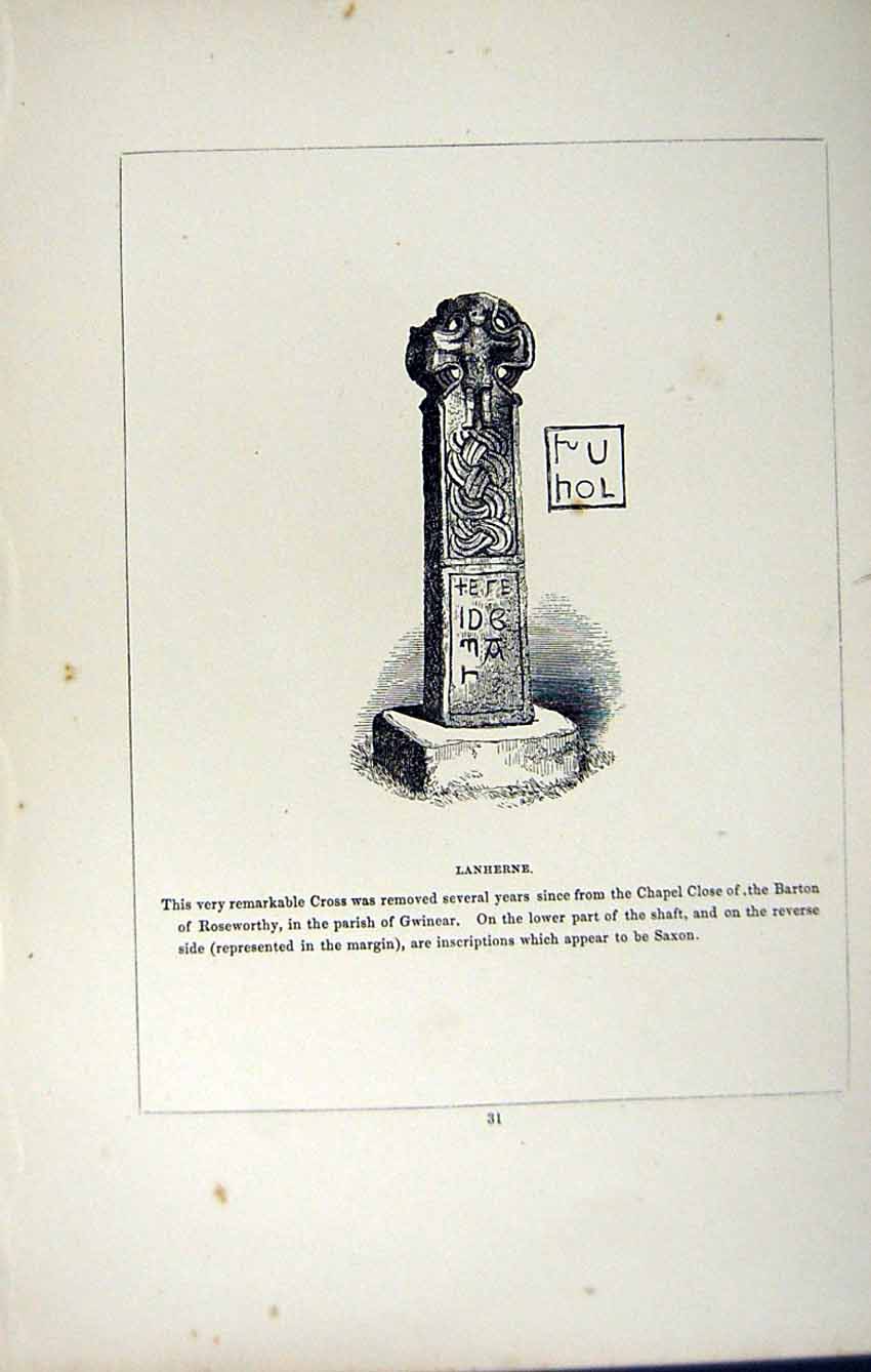 Old Antique Print *2745 C1858 Cross Lanherne Barton Roseworthy Cornwall