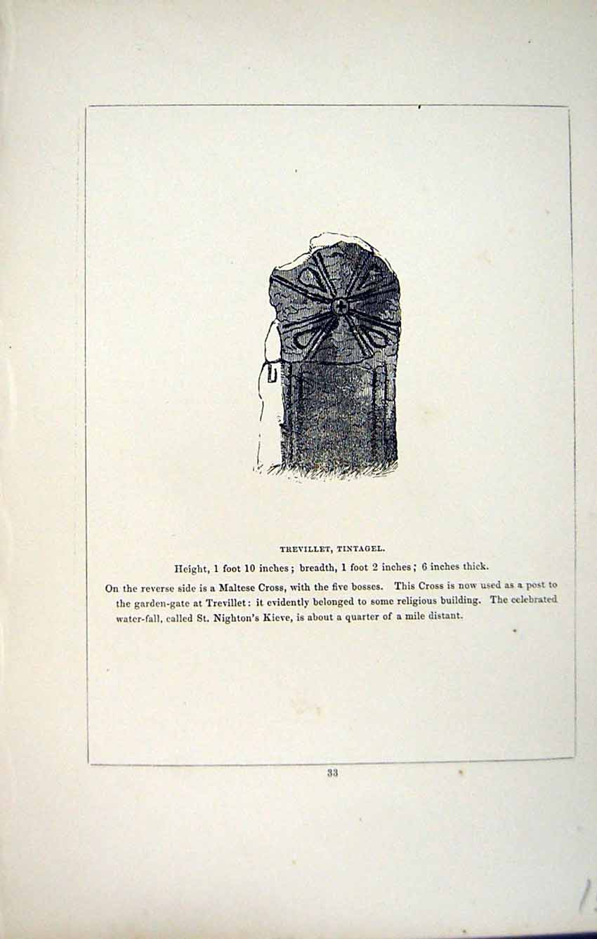 Antique Print *2747 C1858 Cross Trevillet Tintagel Cornwall England Blight
