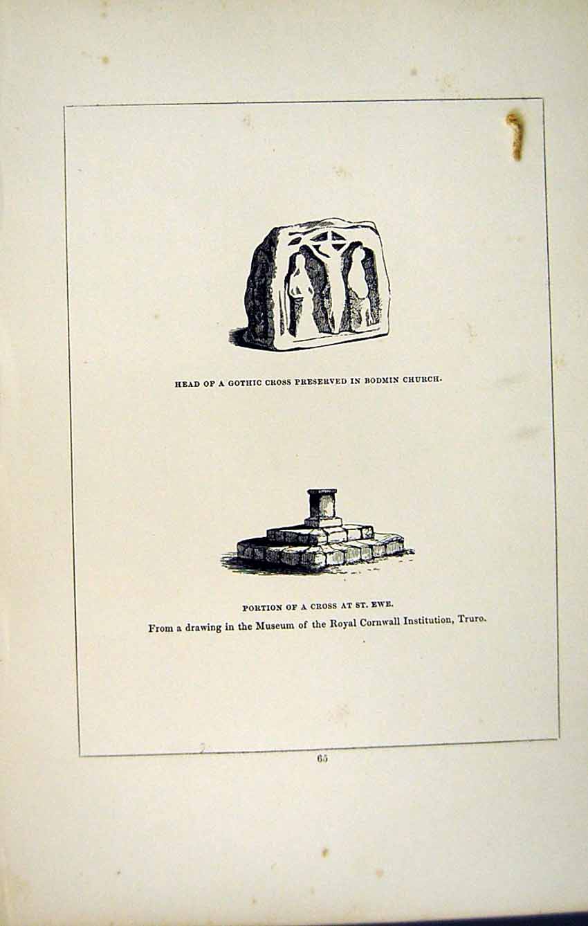 Old Antique Print *2760 C1858 Gothic Cross Bodmin Church St. Ewe Cornwall