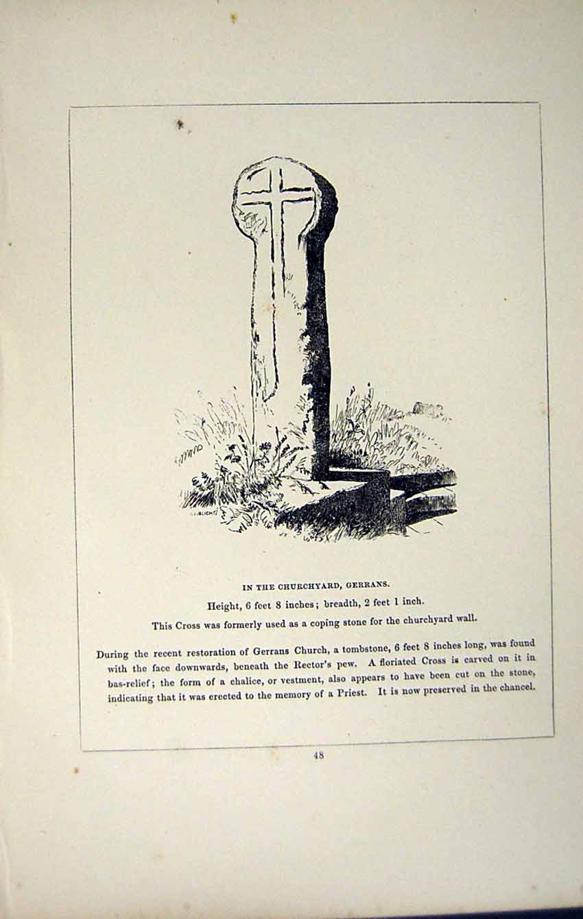 Antique Old Print *2762 C1858 Cross Churchyard Gerrans Church Cornwall Blight