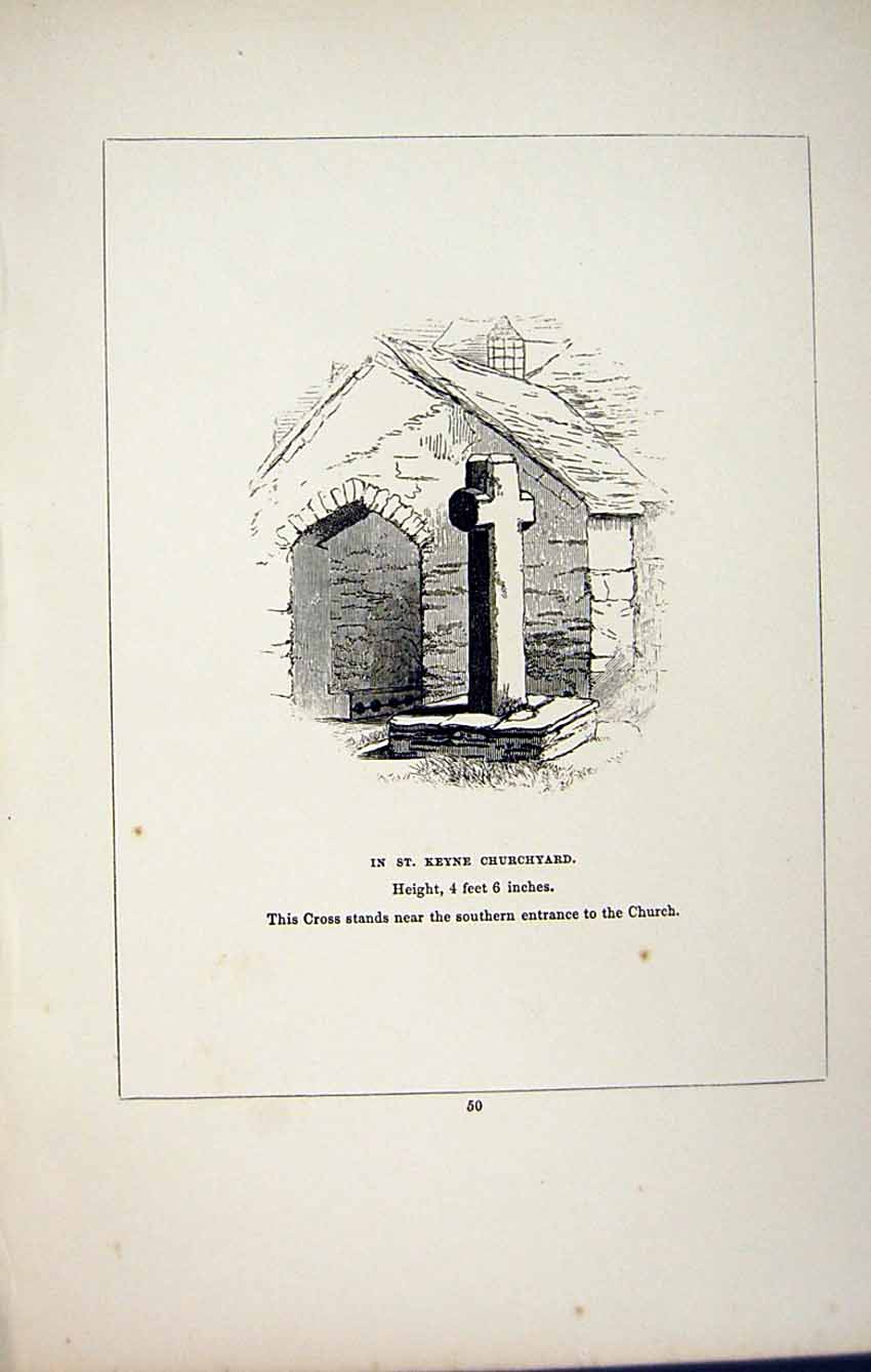 Old Antique Print *2764 C1858 Cross St. Keyne Churchyard Cornwall England