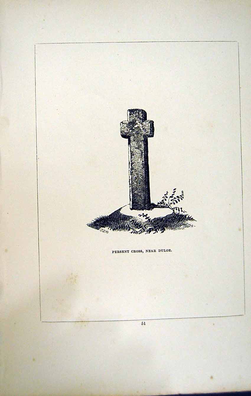 Old Antique Print *2765 C1858 Persent Cross Duloe Cornwall England Blight