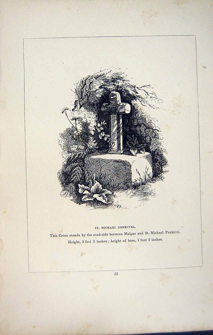 Old Antique Print *2766 C1858 Cornwall Cross St. Michael Penkivel England