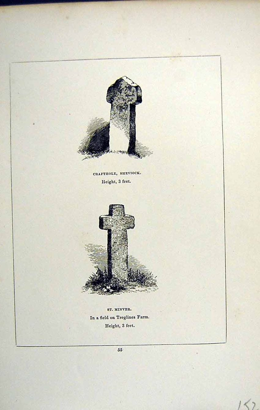 Antique Old Print *2769 C1858 Cross Crafthole Sheviock St. Minver Cornwall