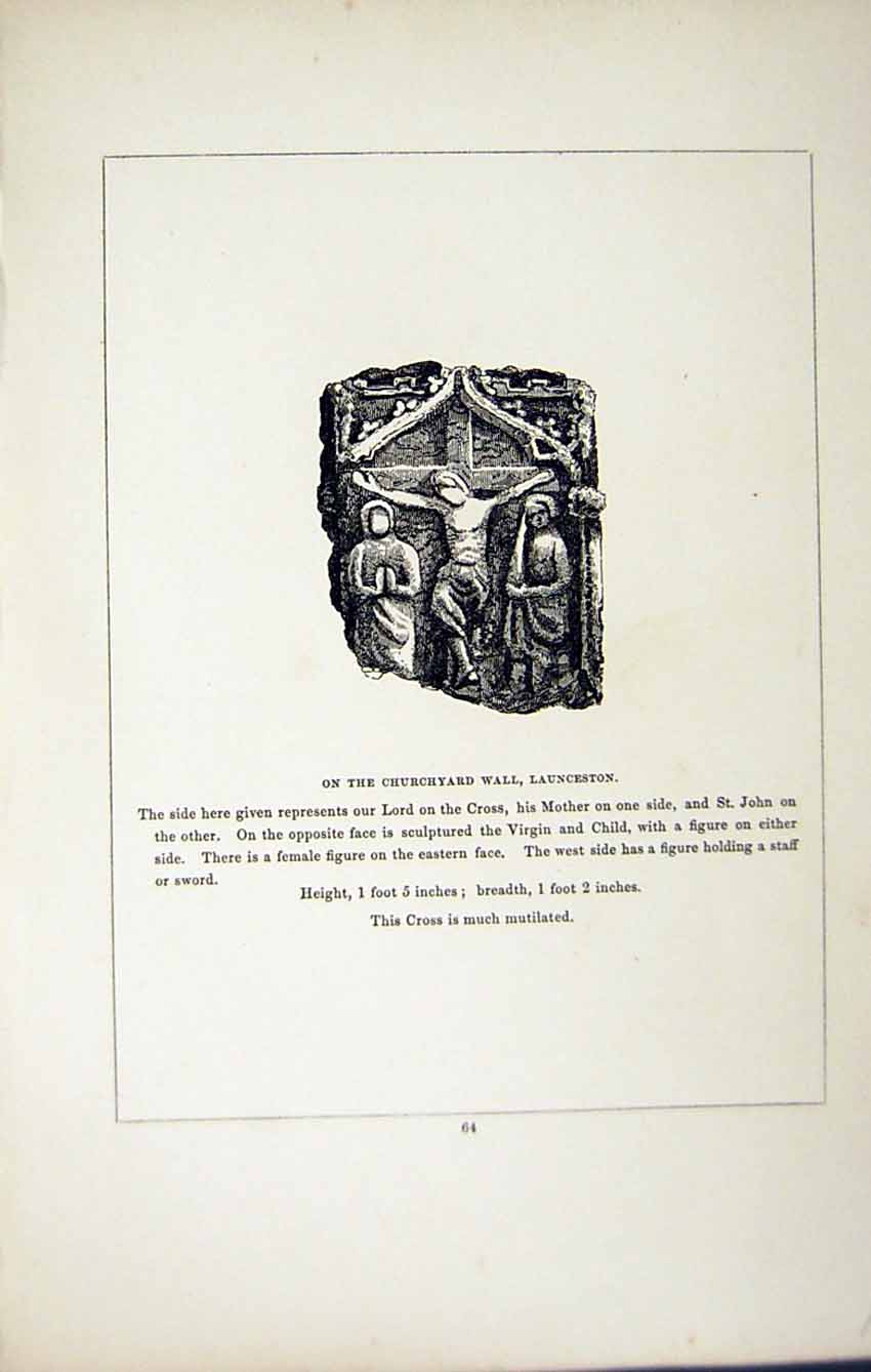 Old Antique Print *2776 C1858 Churchyard Wall Launceston Cornwall England