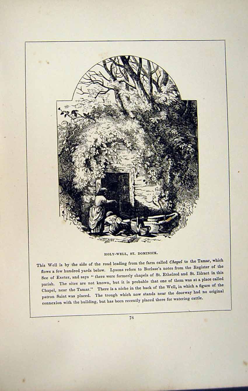 Antique Old Print *2777 C1858 Cornwall Holy-Well St. Dominick England Blight