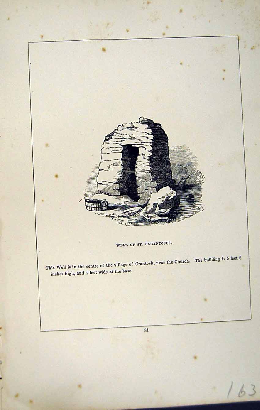 Old Antique Print *2779 C1858 Cornwall Well St. Carantocus England Blight