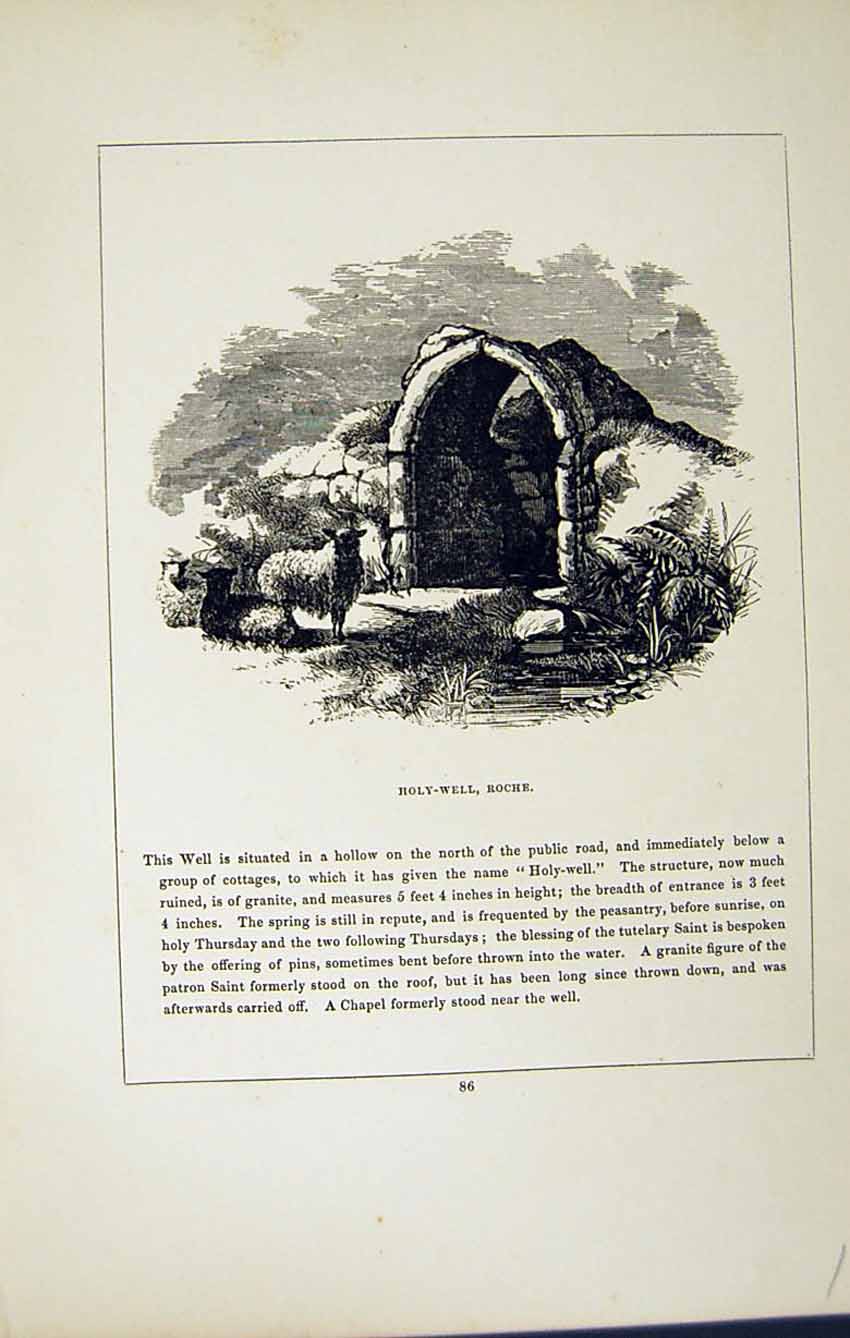Original Old Antique Print *2783 C1858 Cornwall Holy-Well Roche England Blight