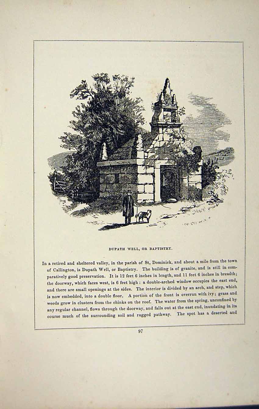 Original Old Antique Print *2789 C1858 Dupath Well Baptistry Cornwall England