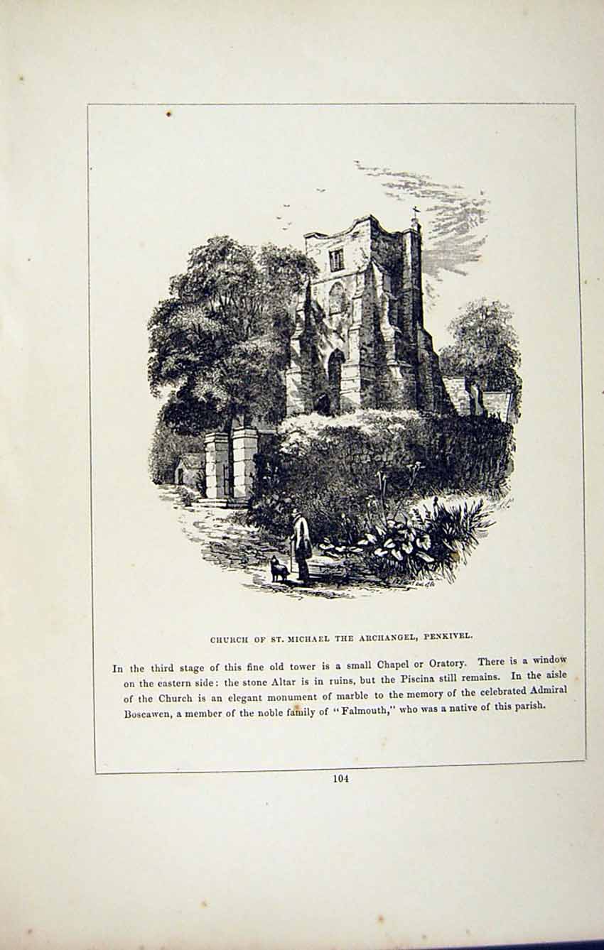 Antique Old Print *2791 C1858 Church St. Michael Archangel Penkivel Cornwall