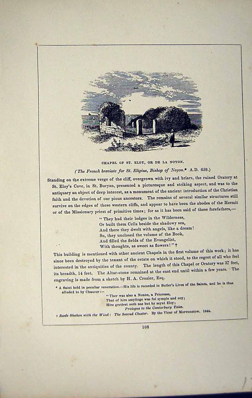 Antique Old Print *2793 C1858 Chapel St. Eloy De La Noyon Cornwall England