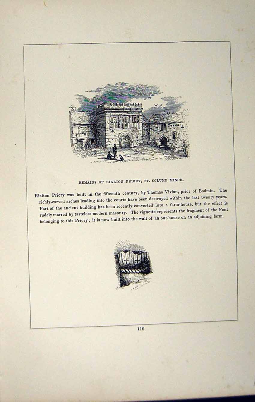 Antique Old Print *2795 C1858 Remains Rialton Priory Columb Minor Cornwall