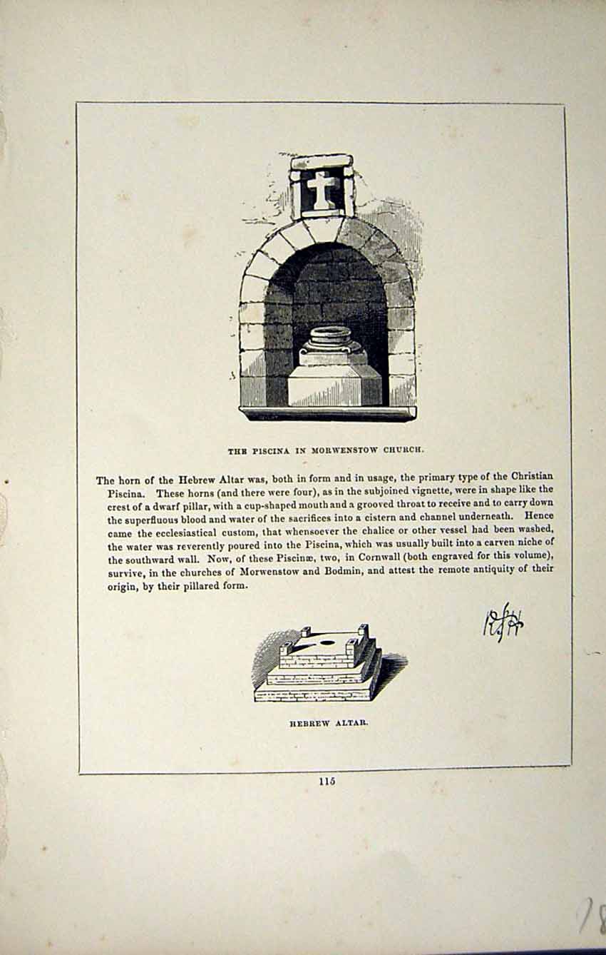 Antique Print *2798 C1858 Piscina Morwenstow Church Herbrew Altar Cornwall