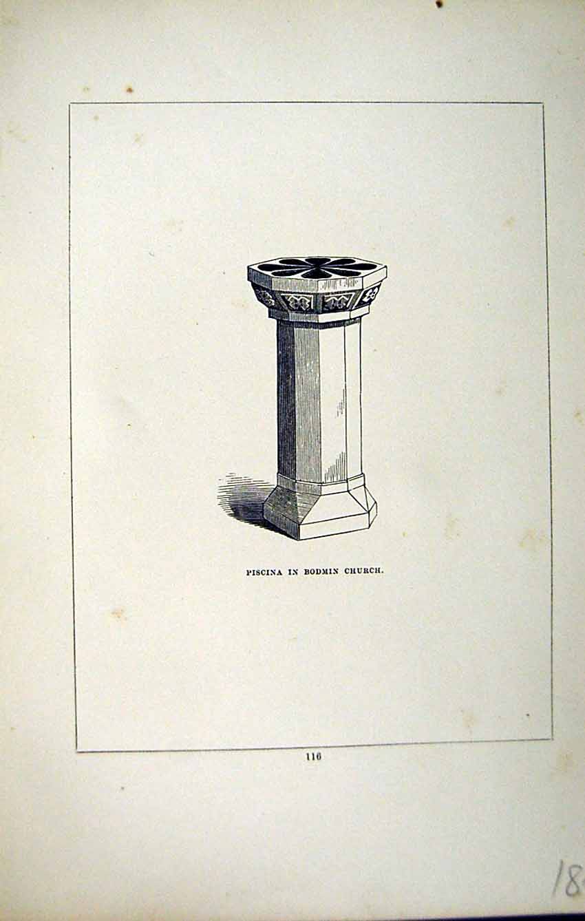 Original Old Antique Print *2799 C1858 Piscina Bodmin Church Cornwall