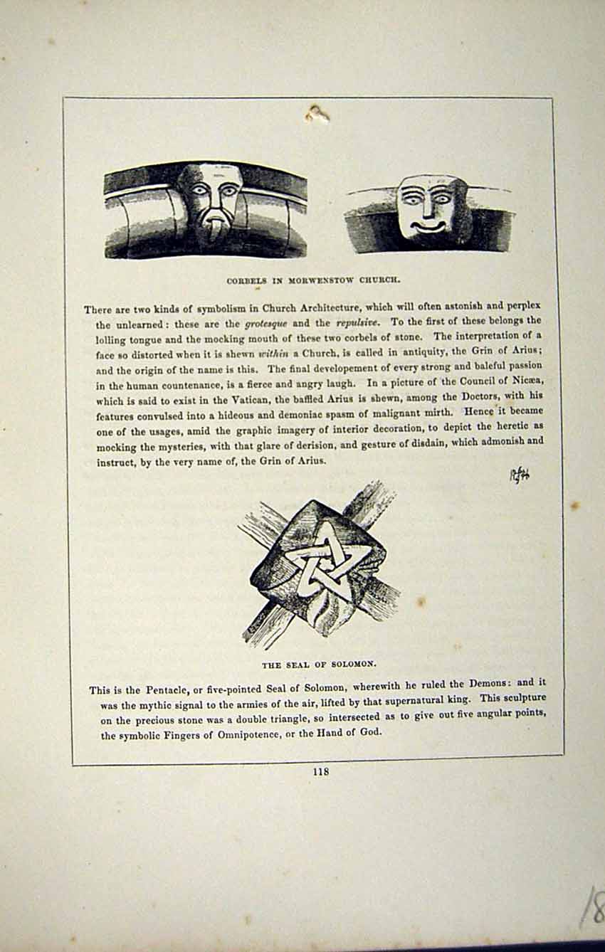 Antique Old Print *2801 C1858 Corbels Morwenstow Church Solomon Seal Cornwall