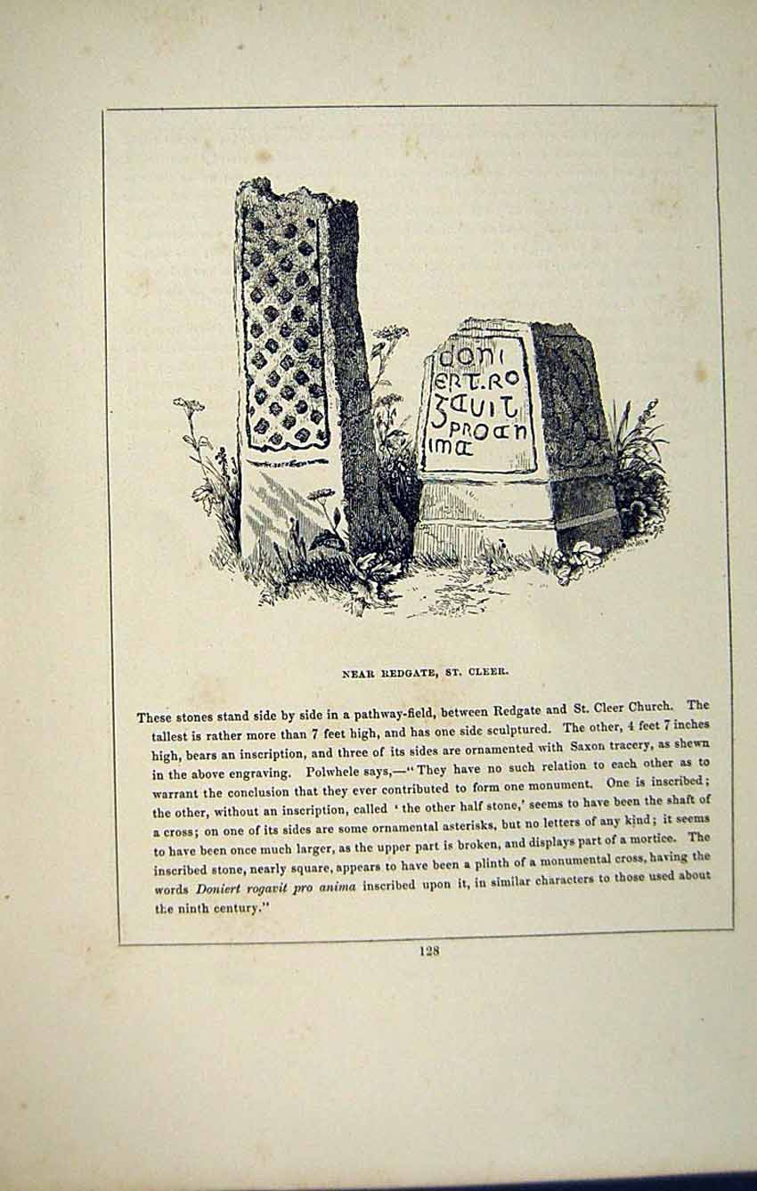 Antique Old Print *2806 C1858 Cross Cornwall Redgate St. Cleer Church Stones